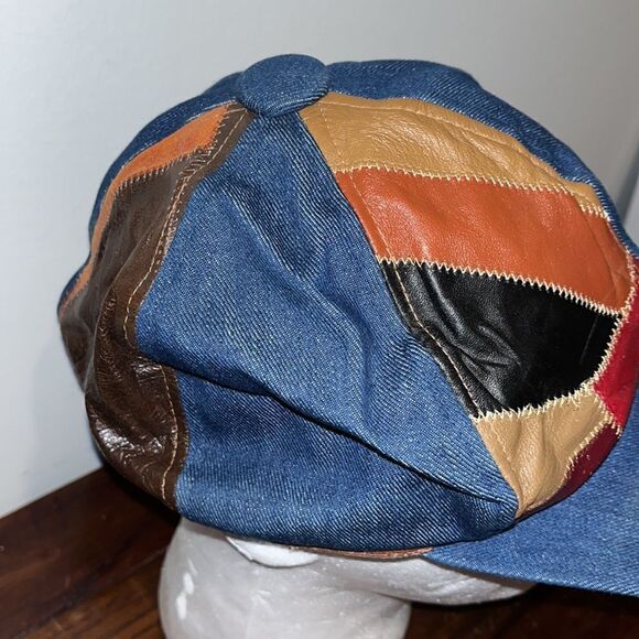 Vintage Mod Squad Leather & Denim patchwork 1970’s retro Cap Hat M 7 men’s - Picture 2 of 6